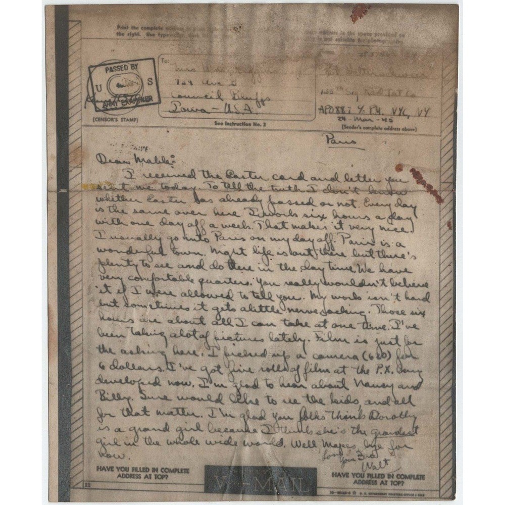 1945 WWII V-Mail Letter Paris France Walt to Mabel Soldier Content
